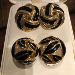 Two pair vintage Trifari earrings. Black and gold. Chunky Knot. Leaf.  Classic.